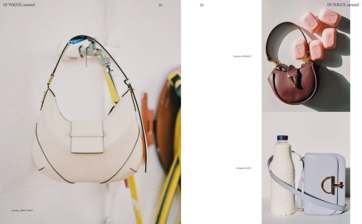 Fashion editorial featuring designer handbags by Jimmy Choo, Versace, and Gucci with soap bars and a milk bottle on a white background.