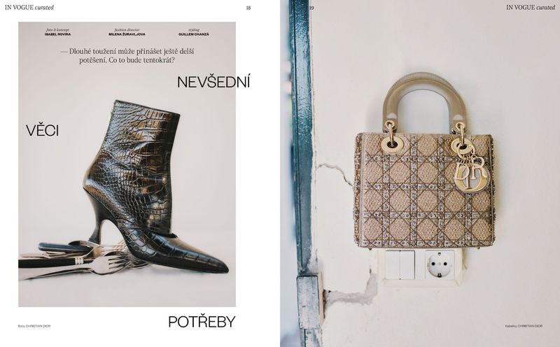 Fashion editorial spread featuring a black high-heel boot on cutlery and a Lady Dior handbag against a white door; shot in a photo studio.