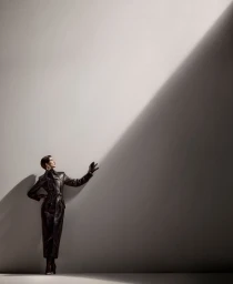 Model Mica Argañaraz in a dark belted leather coat posing beside a dramatic diagonal beam of light and shadow.
