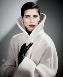 Model Mica Argañaraz wearing a high-collar white wool coat and black leather gloves against a studio backdrop.
