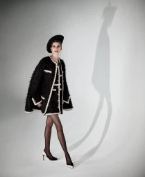 Model wearing a textured black tweed cape coat with white trim, black hat, tights, and two-tone slingback heels against a white backdrop.
