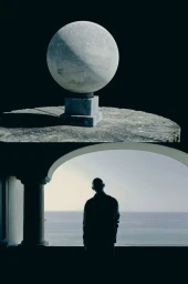 Split composition showing a stone spherical sundial on a plinth above a silhouetted man looking out an arched balcony toward the sea.