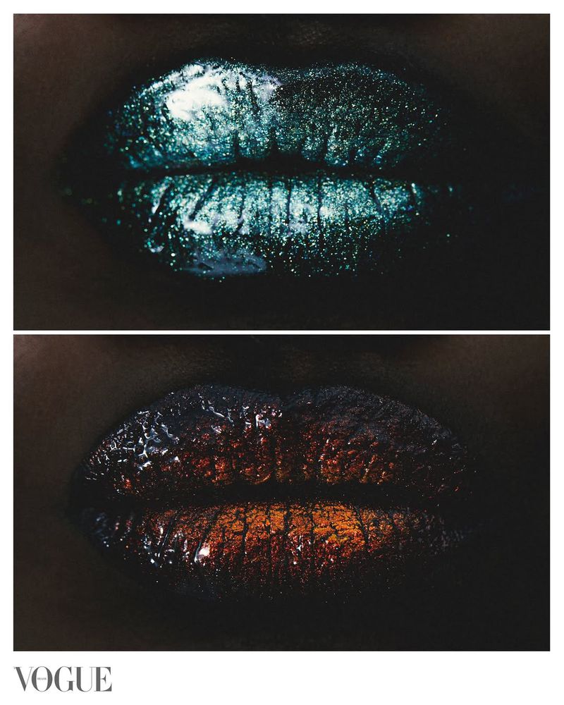 Two pairs of lips are displayed, each adorned with glittery lipstick in contrasting colors. The top pair features a teal hue, while the bottom displays a dark orange shade.