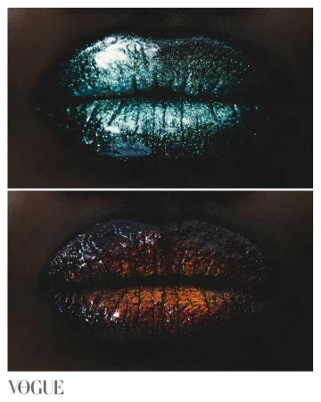 Two pairs of lips are displayed, each adorned with glittery lipstick in contrasting colors. The top pair features a teal hue, while the bottom displays a dark orange shade.