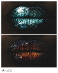 Diptych of close-up lips wearing shimmering metallic teal and copper glitter lipstick against a black background.
