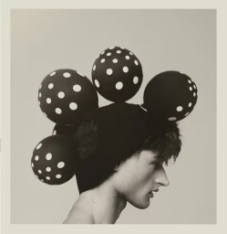 Profile portrait of a male model wearing a black cap adorned with several black and white polka-dot balloons against a plain backdrop.