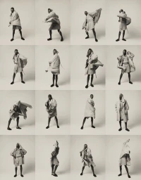 Grid contact sheet of a Black male model posing dynamically in draped light-toned garments against a studio background.