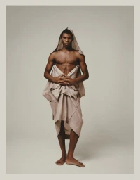 Shirtless Black male model standing barefoot wrapped in draped beige fabric over head and waist against a neutral backdrop.