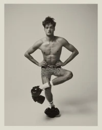 Shirtless male model wearing striped shorts and black roller skates posing on a grey seamless studio background.