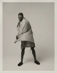 Model Razak Salifou posing in an oversized draped beige coat and black slip-on shoes against a studio backdrop for GQ Portugal.