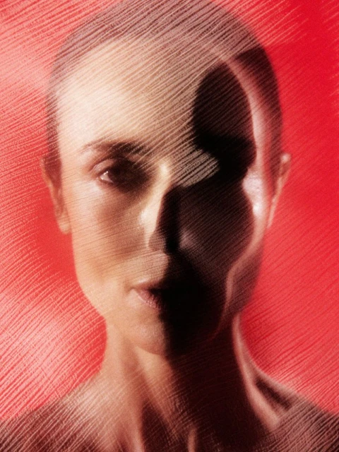 Close-up portrait of an adult female with geometric mesh overlay, featuring a red background and unique artistic visual effects.