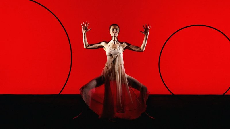 Woman in sheer dress poses in front of a red background with black circle art, showcasing a unique blend of fashion and performance art.