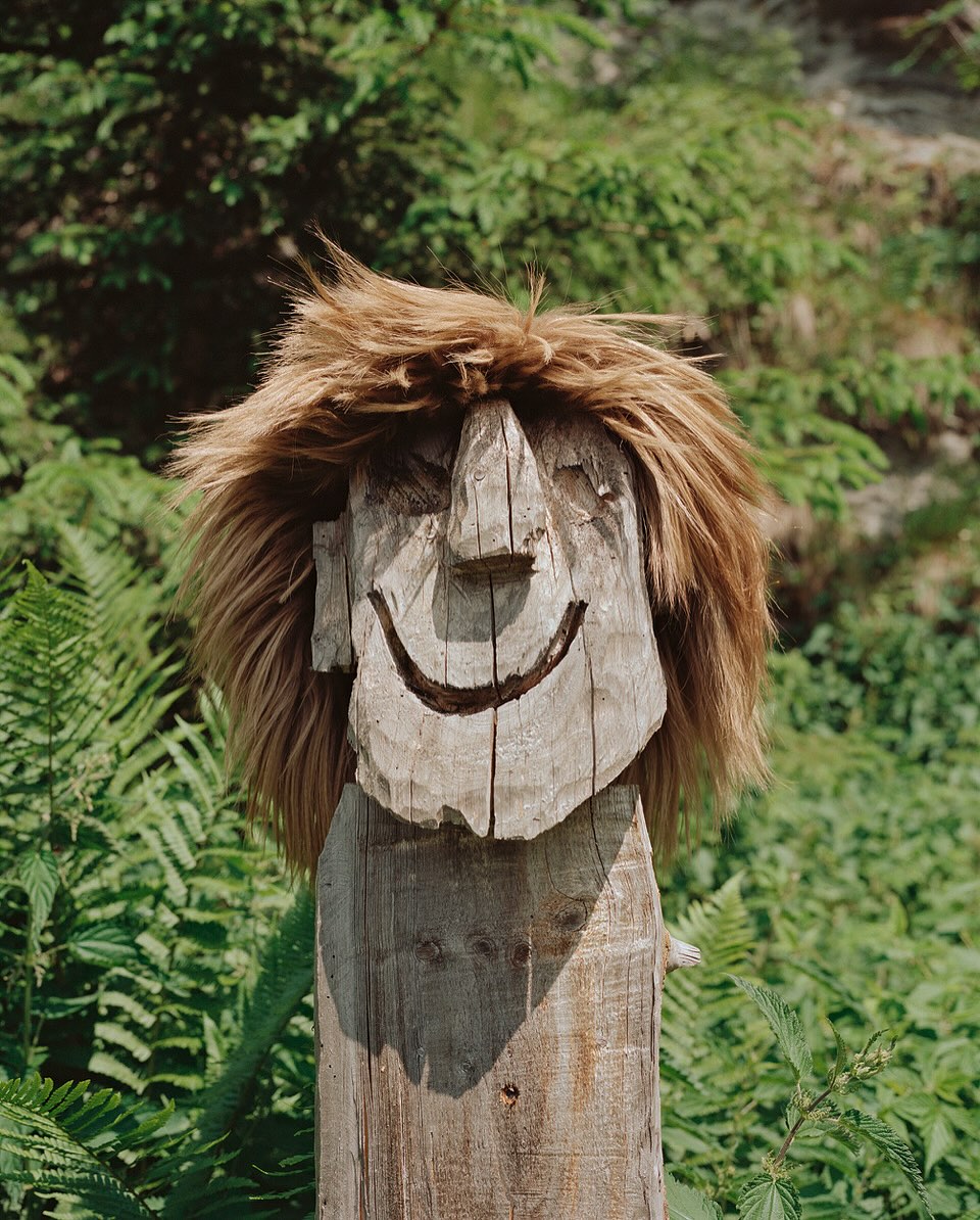 Wooden sculpture of a face with hair stands in a forest setting, featuring green foliage and sunlit areas. Carved smile is visible.