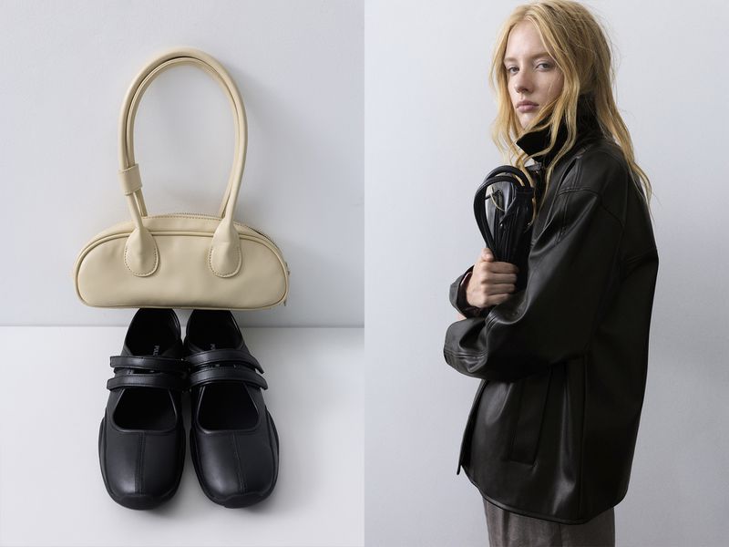 Split frame showing cream handbag with black strap shoes next to a woman in an oversized black leather jacket.