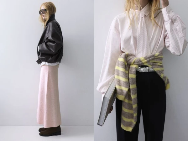 Two women showcase fashion against a stark white background, featuring a leather jacket, pink skirt, striped top, and black pants for style.