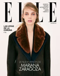 Mariana Zaragoza on the Elle Mexico September 2025 cover wearing a black coat with a wide brown fur collar against a white background.