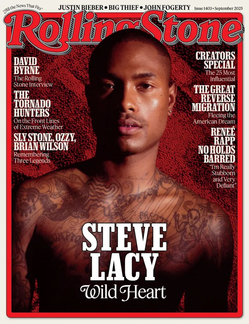Rolling Stone magazine cover featuring Steve Lacy in a close-up portrait with shoulder tattoos over a textured red background.