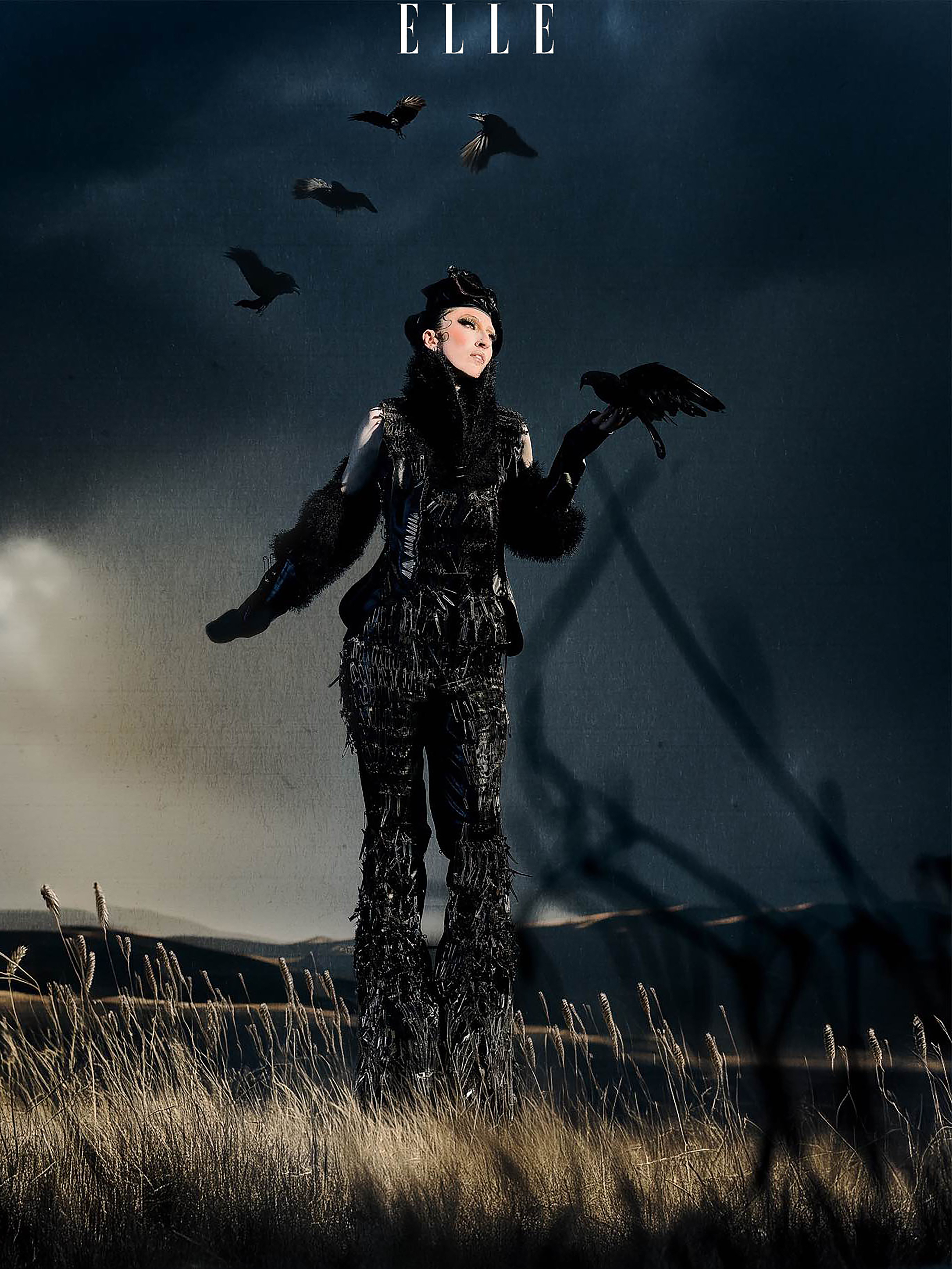 Fashion editorial shot of a pale-skinned woman in dark attire holding a raven, with additional ravens flying against a cloudy sky.