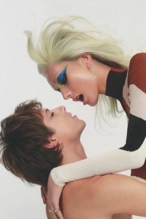 Two models posing closely in a fashion editorial for 10 Magazine Australia shot by Byron Spencer