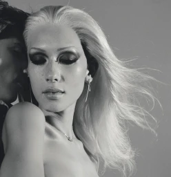 Close-up black and white portrait of a blonde model with dramatic dark eye makeup posing next to another person.