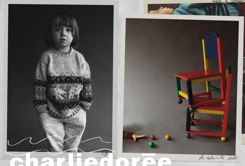 Monochrome photo collage with a child in a patterned sweater alongside a colorful De Stijl-inspired chair and toy balls.