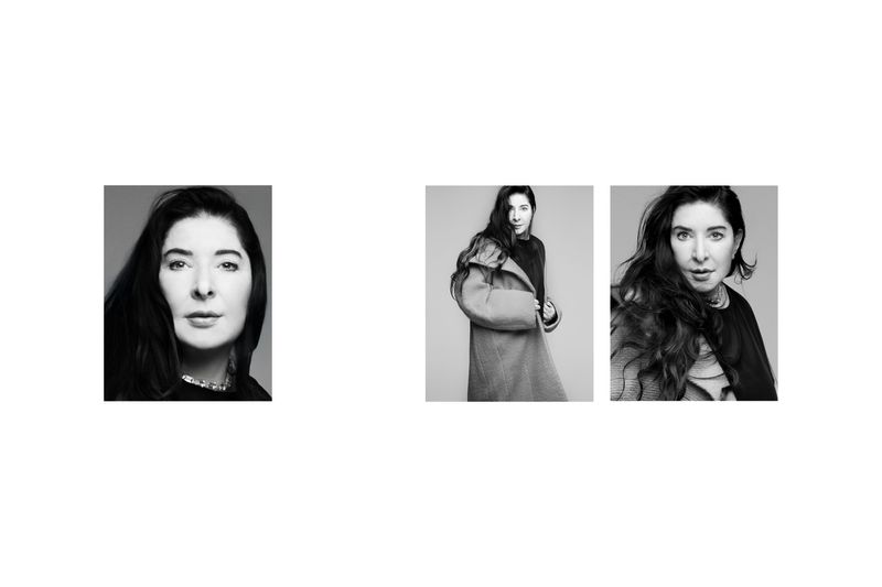 Three black and white portraits of a woman with long dark hair wearing a coat and necklace in a photo studio setting.