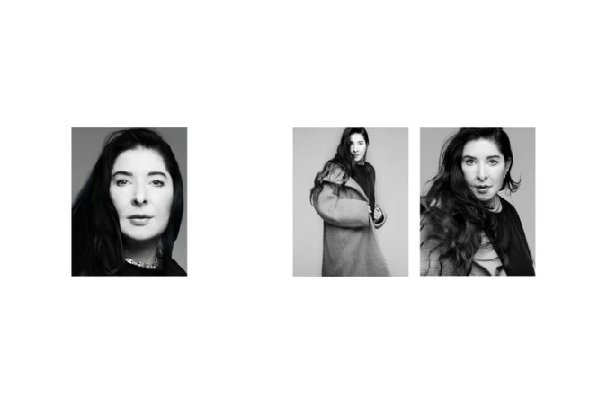 Three black and white portraits of a woman with long dark hair wearing a coat and necklace in a photo studio setting.