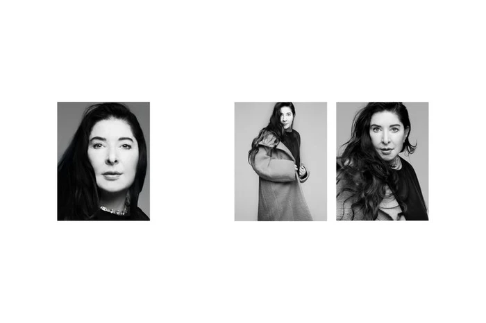 Three monochrome portrait panels of artist Marina Abramović against a seamless grey backdrop, captured in black and white.