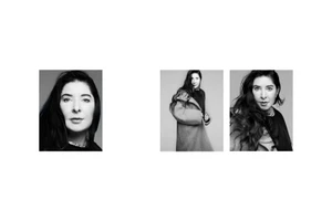 Three monochrome portrait panels of artist Marina Abramović against a seamless grey backdrop, captured in black and white.