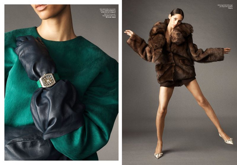 Two-panel fashion shot: woman in green sweater with watch and gloves, woman in fur coat and heels against gray backdrop.