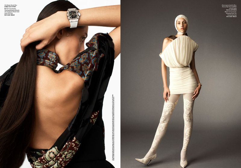 Editorial fashion shot featuring a brunette woman with a wristwatch and another woman in a textured dress and patterned tights.