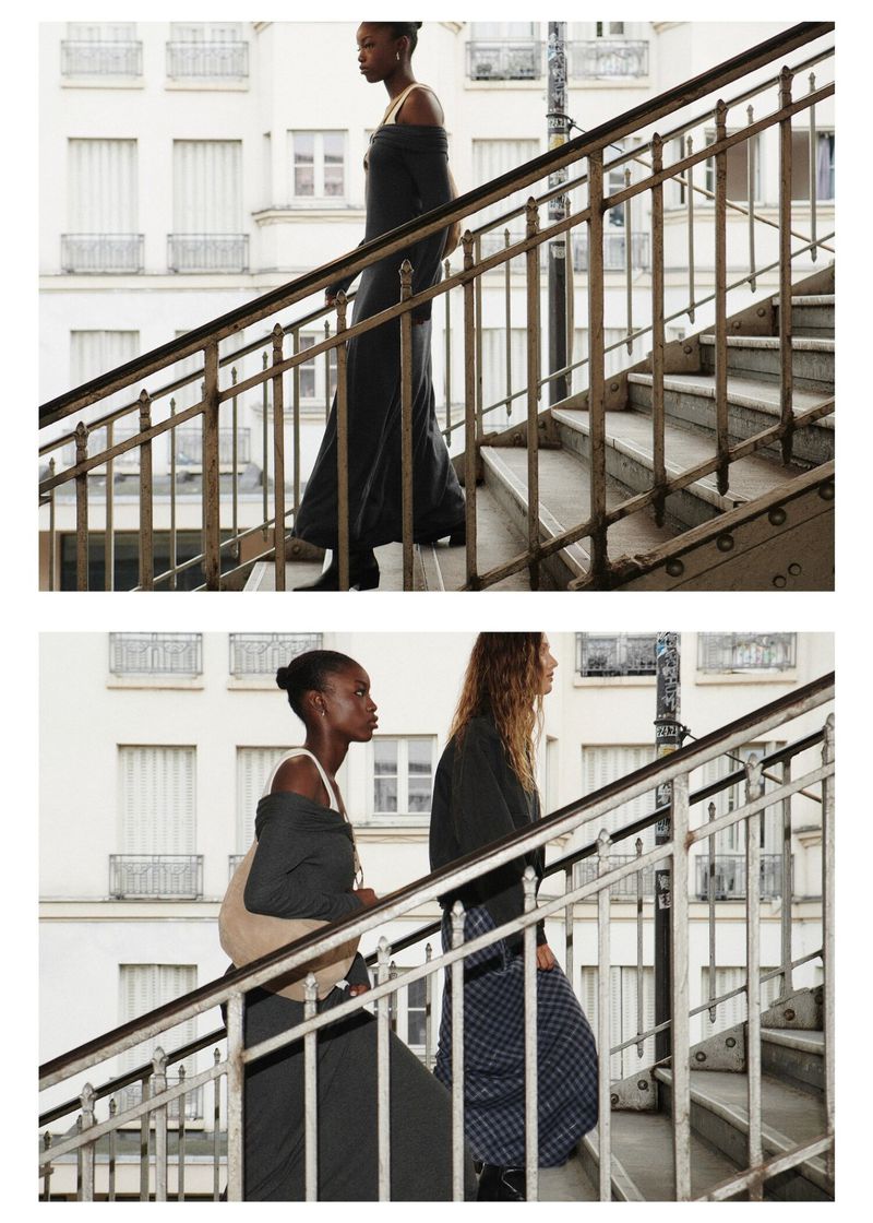 Models Assa Sidibe and Floortje Van Losser walking up an outdoor metal staircase for the Mango Back to campus campaign.