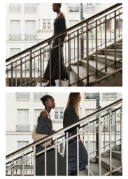 Models Assa Sidibe and Floortje Van Losser walking up an outdoor metal staircase for the Mango Back to campus campaign.