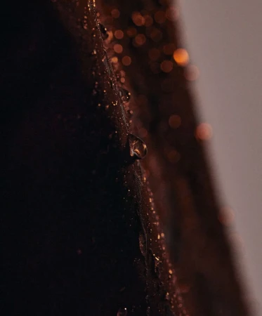 Macro shot of water droplets on a dark, textured surface with blurred golden highlights in background, creating moody, wet aesthetic.