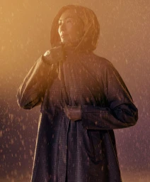 Model wearing a dark hooded raincoat standing in falling rain illuminated by warm golden backlight.