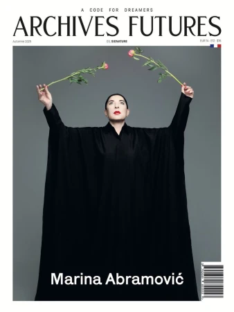 Magazine cover featuring Marina Abramović in black robe holding roses against a grey background, with 'Archives Futures' text.