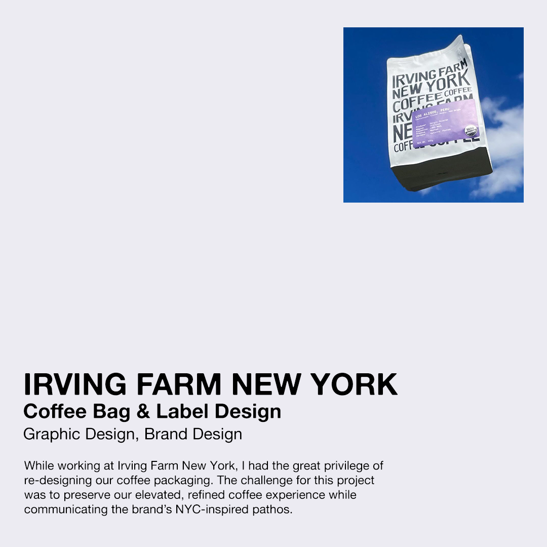 Irving Farm New York coffee bag floats against a blue sky with clouds. Packaging design showcases brand logo and information.
