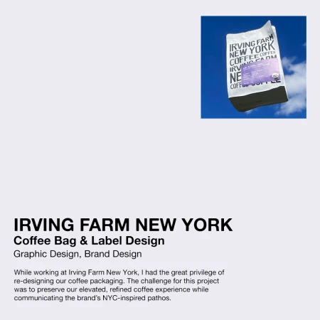 Irving Farm New York coffee bag floats against a blue sky with clouds. Packaging design showcases brand logo and information.