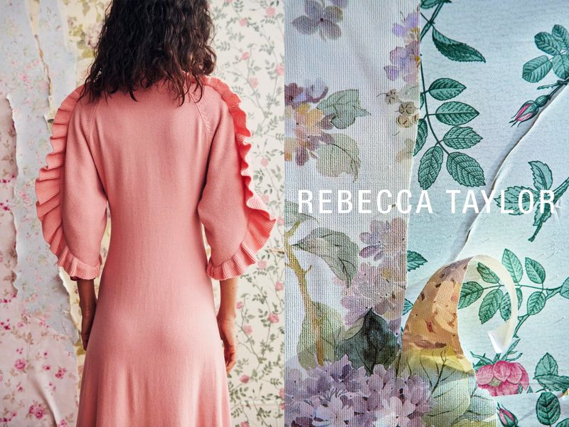 Back view of woman in pink ruffled dress stands against floral wallpaper for Rebecca Taylor fashion brand advertisement.