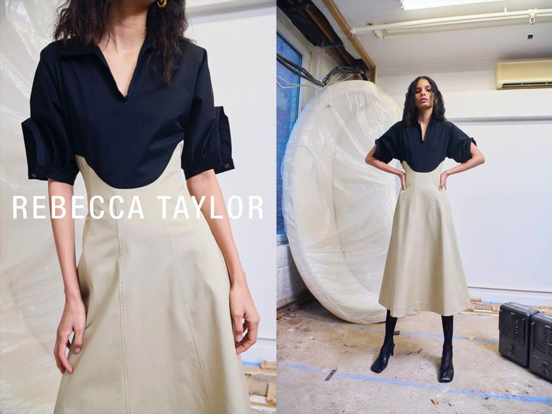 Fashion shoot featuring a woman in a black and beige midi dress with puff sleeves, complemented by gold earrings and black heels.