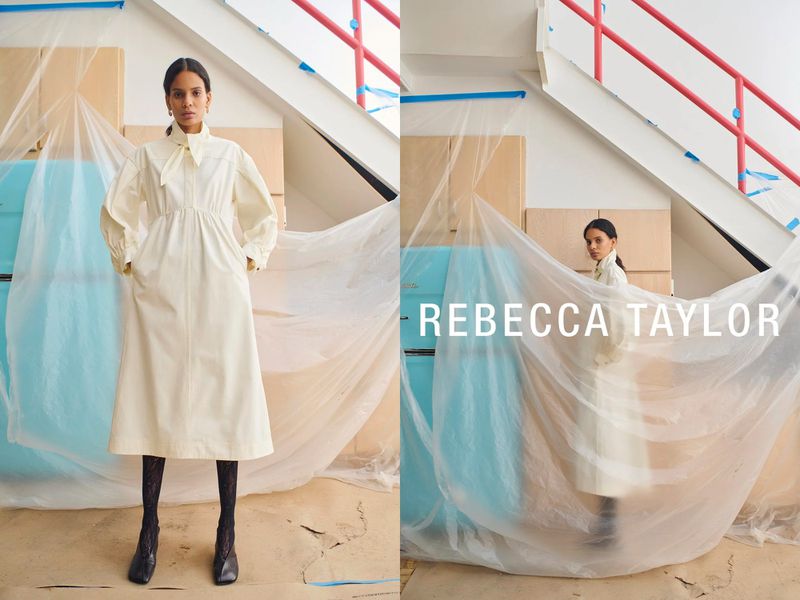 Fashion shoot featuring a female model in an off-white dress and black hosiery in a casual indoor setting with pastel tones and natural light.