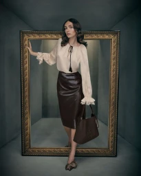 Model in a cream blouse and brown leather skirt posing through a large ornate gold frame for L.K.Bennett AW'25.