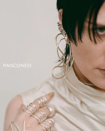 Close-up of a woman with fair skin, short dark hair, wearing a white top and multiple silver wire-sculpture rings and an ear cuff.