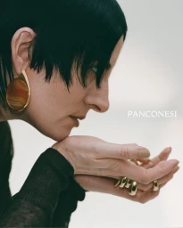 Model in profile wearing a statement gold drop earring and chunky gold rings against a clean light background.