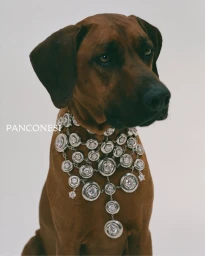 A brown dog wearing an elaborate silver jeweled necklace against a plain white studio background for the Panconesi fall/winter campaign