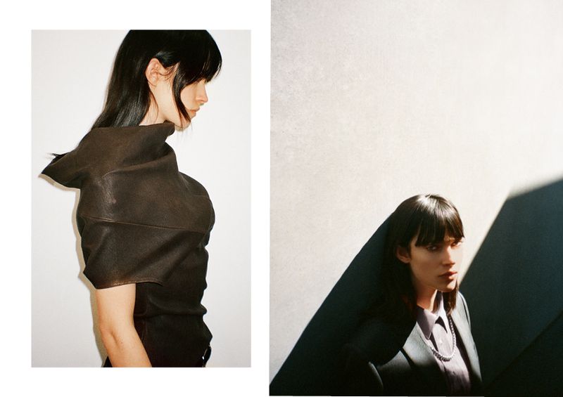 A split-screen fashion shot featuring an adult female model in a sculptural brown top against a white backdrop with contrasting light and shadow.