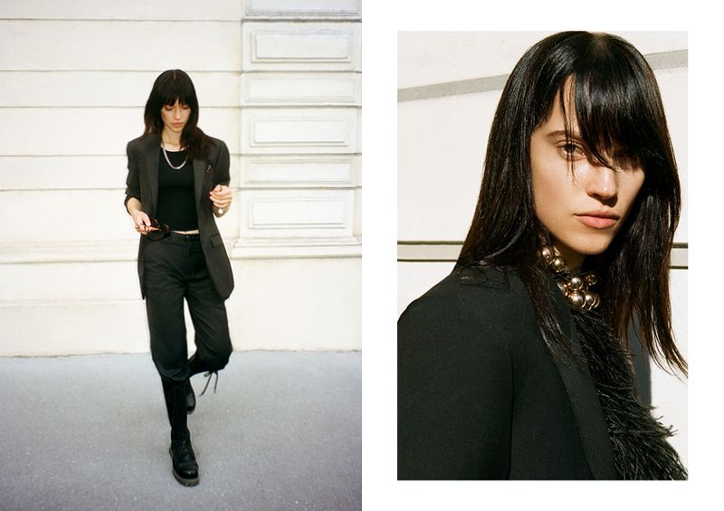 Two-panel fashion shot of a woman wearing a black blazer, top, and cargo pants, standing against an architectural background and close up studio shot.