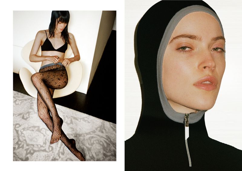 Split-screen fashion shot: Woman in bra and patterned tights sits in an egg chair; close up of a woman wearing a zipped hooded top.