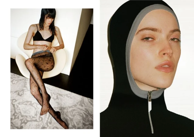 Split-screen fashion shot: Woman in bra and patterned tights sits in an egg chair; close up of a woman wearing a zipped hooded top.