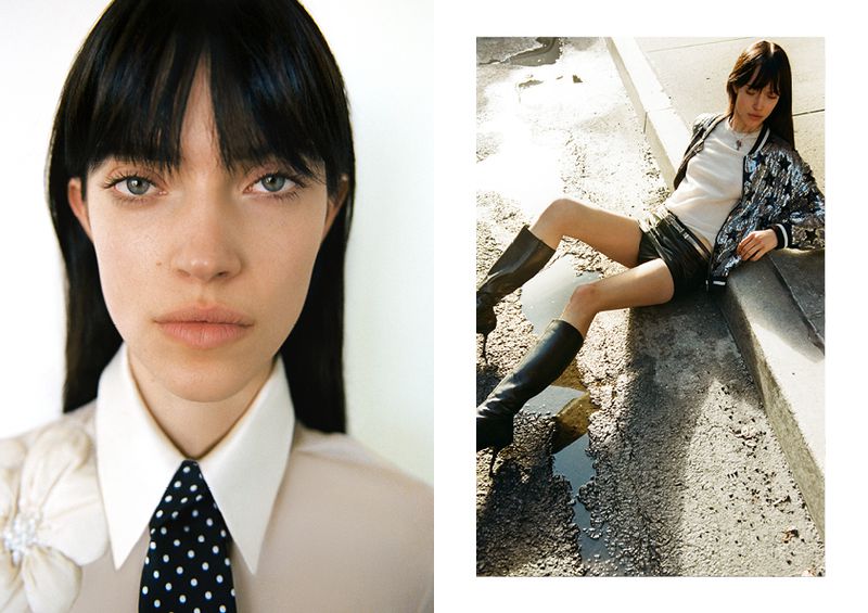 Woman with dark hair poses in split screen fashion shot. One side a headshot with tie. Other side, she sits in a metallic jacket.
